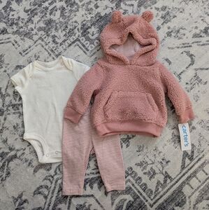 Pink Fleece Hoodie Set with Onesie and Striped Pants